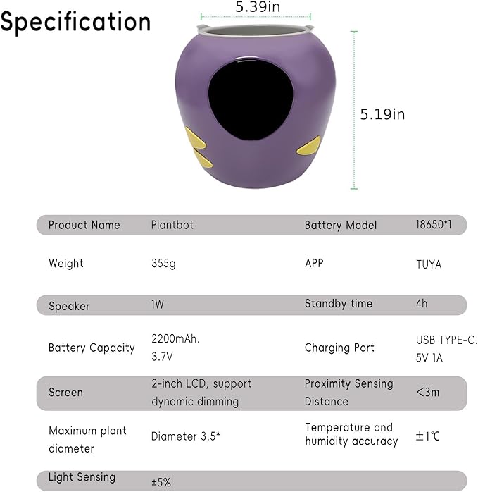 Smart Plant Pot with Expression, AI Intelligent Flower Pot for Indoor Decoration, Smart Garden Pot with Water/Light/Temperature Sensors, Ivy AI Planter (Purple（Big）)