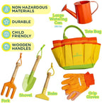 Kinderific Gardening Set, Tool Kit, for Kids, STEM, Includes Tote Bag, Spade, Watering Can, Rake, Fork, Trowel and Gloves (Sunshine)