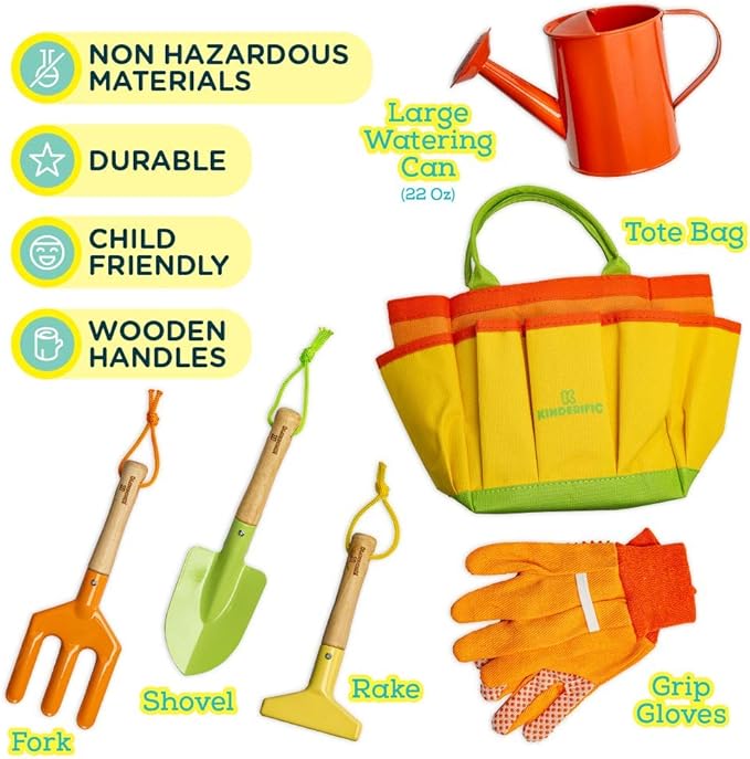 Kinderific Gardening Set, Tool Kit, for Kids, STEM, Includes Tote Bag, Spade, Watering Can, Rake, Fork, Trowel and Gloves (Sunshine)
