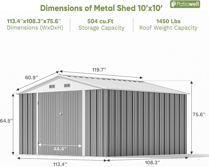Patiowell 10x10 FT Storage Shed, Outdoor Metal Sheds with Lockable Door and Sloping Roof, Waterproof Outside Large Garden Tool Shed with Breathable Vents for Patio Lawn Backyard, Gray