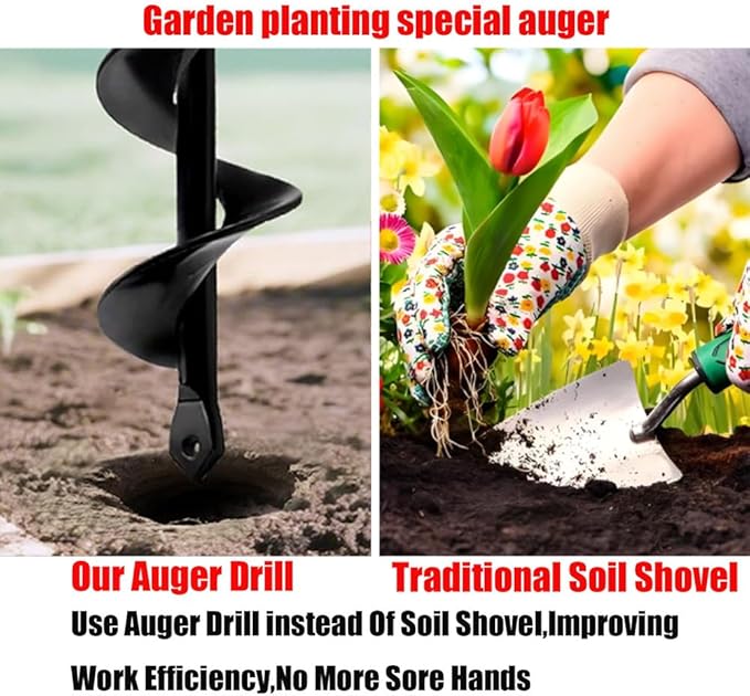 Auger Drill Bit for Planting 2 x 8.7in & Garden Drill Bit for 3/8" Hex Drive & Earth Post Hole Digger Bulb Planter Plant Flower Planting Auger for Drill Rapid Bedding Digging