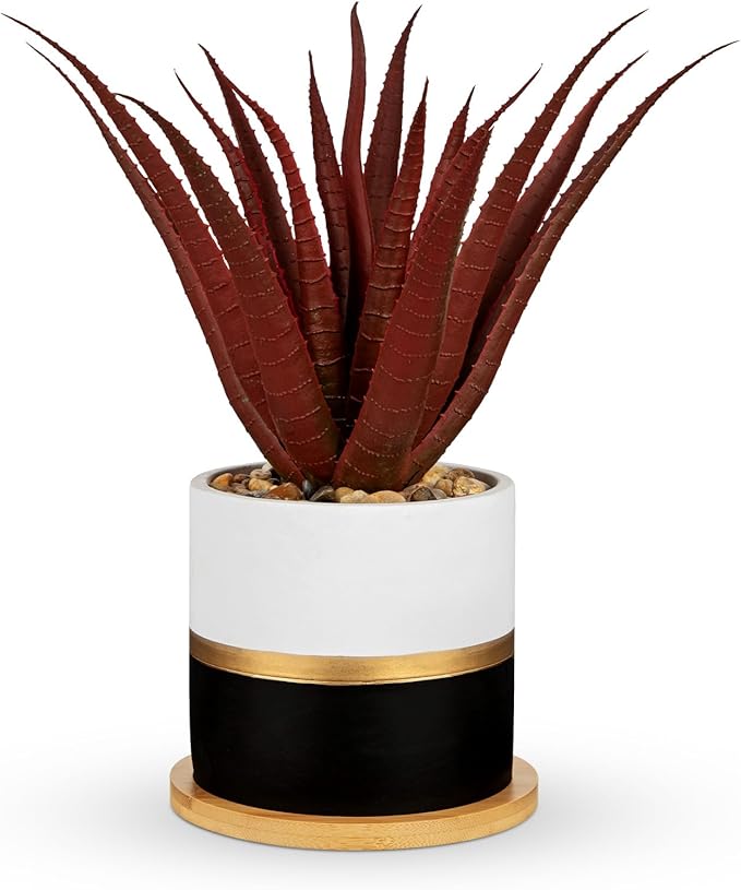 Briful Artificial Red Succulent Plant in Pot with Bamboo Tray, Small Agave Fake Plant for Desk Decor, Modern Aloe Faux Plant for Office, Shelf, Table, Bedroom, Indoor Home Decoration