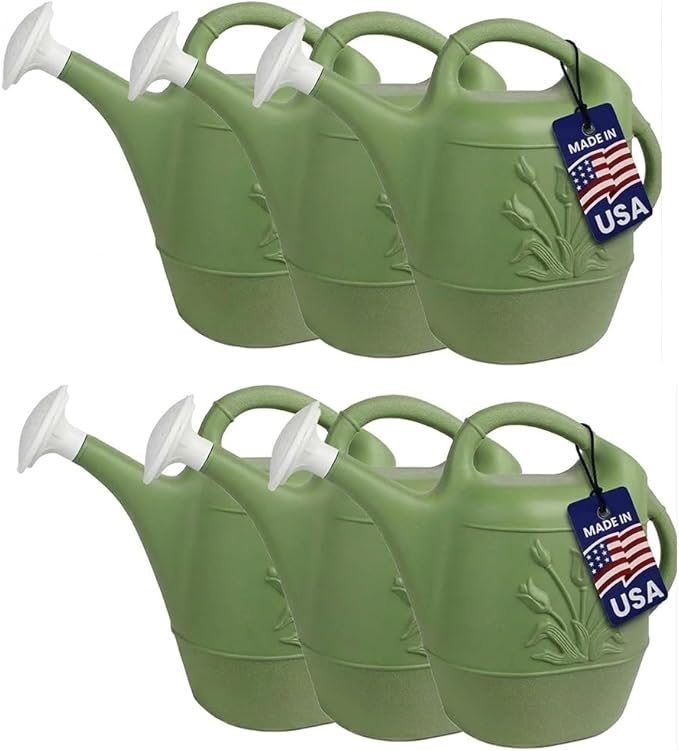PMU 2 Gallon Watering Can - Garden Watering Can for Indoor & Outdoor Plants - Plastic Water Can with Detachable Sprinkler Head - Large Water Pot, Made in USA - Sage Green Pkg/6