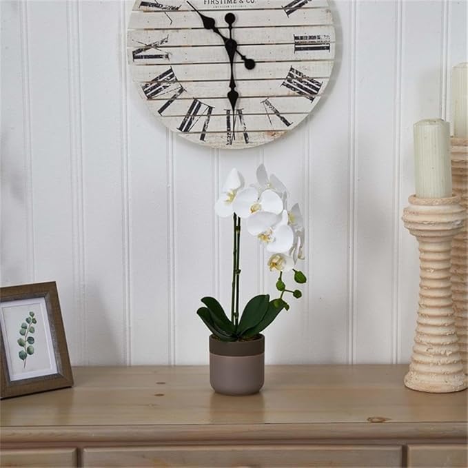 Pemberly Row Faux Phalaenopsis Orchid, 19 in Tall, White Blossoms, Two-Toned Ceramic Pot, Textured Realistic Petals and Leaves, Elegant Decor for Vanity, Bedside or Living Room
