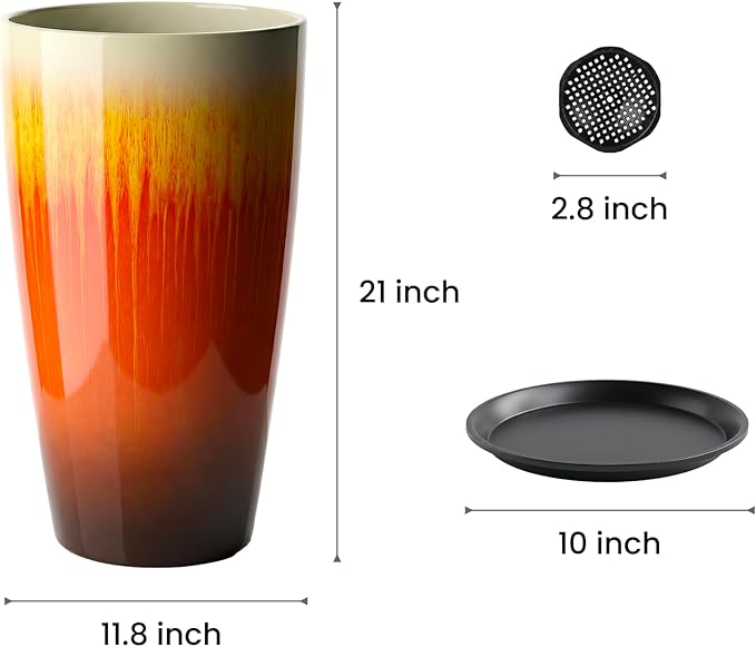 21 inch Tall Planter, Set of 2 Tall Planters for Outdoor & Indoor Plants, Large Outdoor Planters for Front Porch, Patio, Garden (Orange Flowing Glaze)