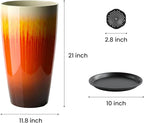 21 inch Tall Planter, Set of 2 Tall Planters for Outdoor & Indoor Plants, Large Outdoor Planters for Front Porch, Patio, Garden (Orange Flowing Glaze)