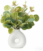 Artificial Plant in Ceramic Donut Vase 11.5” Faux Greenery Potted Branches Realistic Leaves Stems Modern Minimalist White Speckled Hollow Vase for Home Office Table Shelf Bathroom Decor