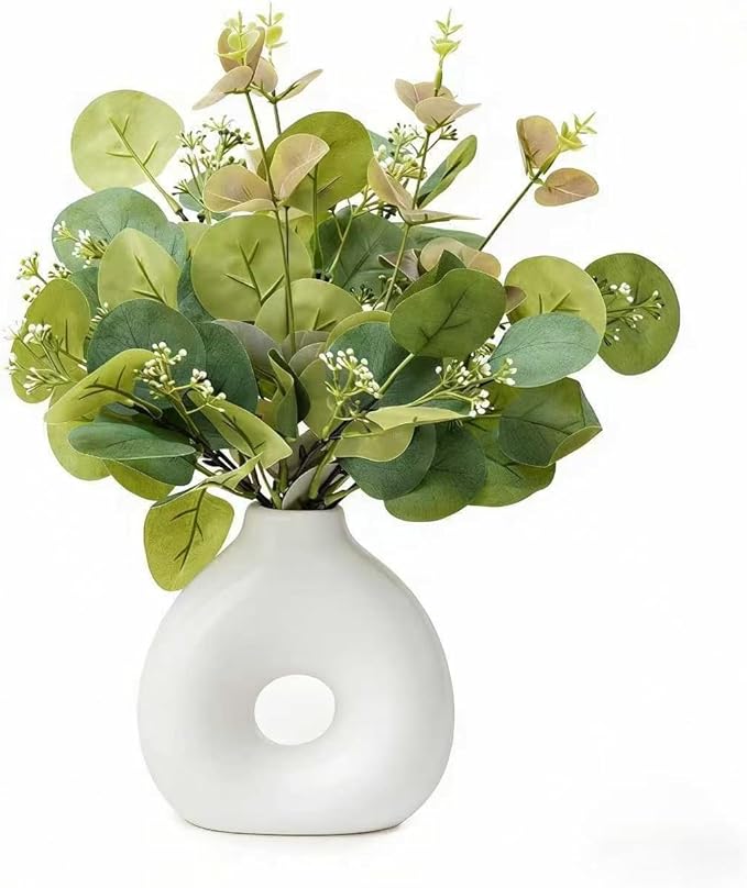 Artificial Plant in Ceramic Donut Vase 11.5” Faux Greenery Potted Branches Realistic Leaves Stems Modern Minimalist White Speckled Hollow Vase for Home Office Table Shelf Bathroom Decor