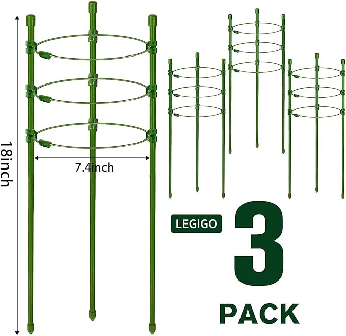 Legigo 3 Packs Plant Support Cages Tomato Cage for Garden- 18 Inch Adjustable Garden Cucumber Trellis Plant Stakes, Trellis Support Rings for Climbing Plants, Pots, Indoor Plants with 10 Plant Clips