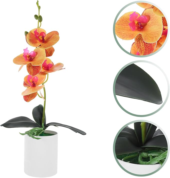 VILLCASE Artificial Orchid Potted Plant Faux Orchid Simulation Flower Orange Desktop Fake Potted Plant Home Office Table Décor Kitchen Living Room