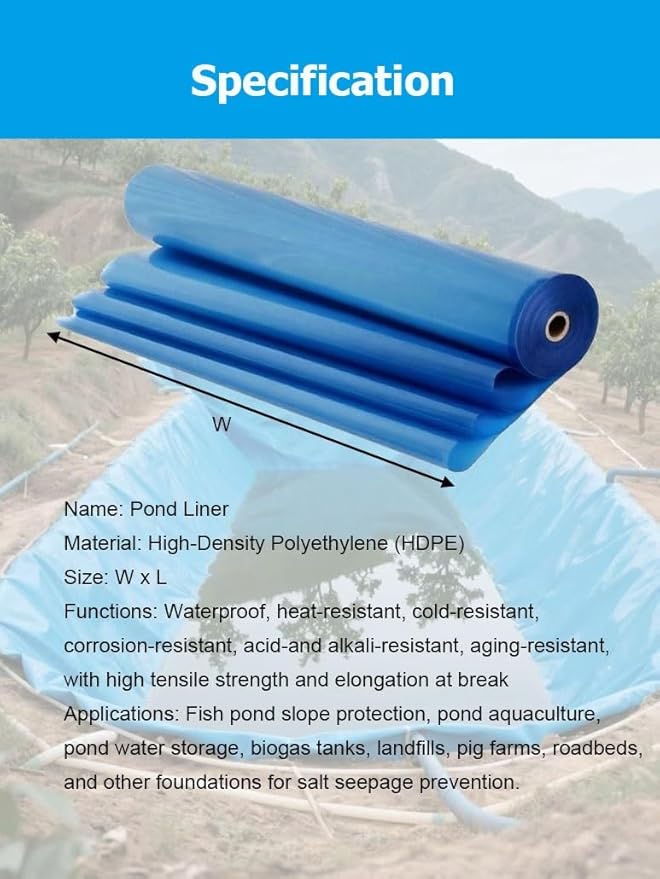 PVC Pond Liner for Fish/Plant, 0.3 MM Thick HDPE Blue Preformed Pond Liners Mat Underlayment for Outdoor Ponds Koi Fish Ponds Streams Garden Fountain Waterfall(5x20m/16.4x65.6')