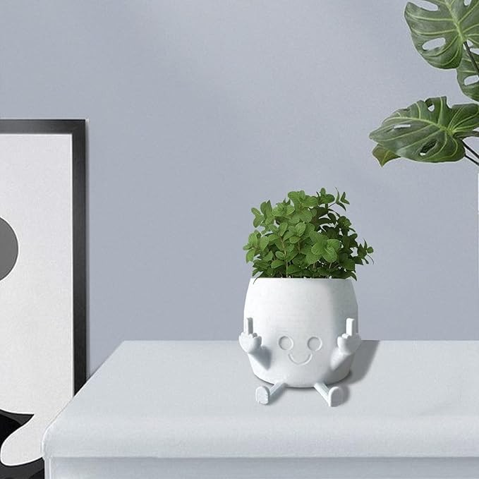 Smiling Plant Pot with Middle Fingers Up, Flower Pots for Succulents, Funny Resin Figure Planter Pot for Indoor Outdoor