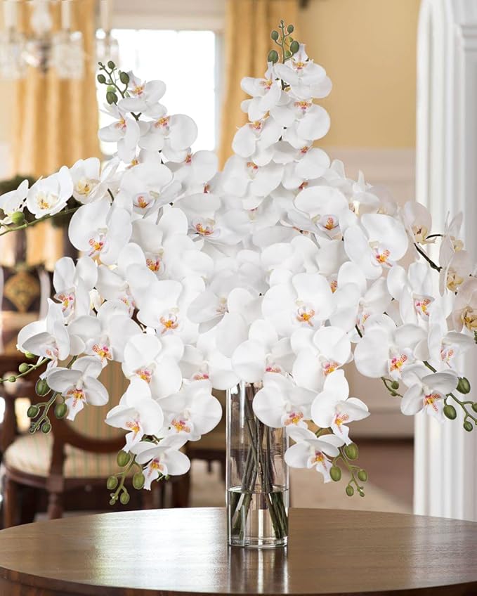 Orchid White 31.5" Real Touch Signal Stem Phalaenopsis Orchid Spray with 9 Large Flowers for Home Arrangement, Artificial Flowers for Home Decor, Office House Decor- White Orchids Flowers 2 Pcs