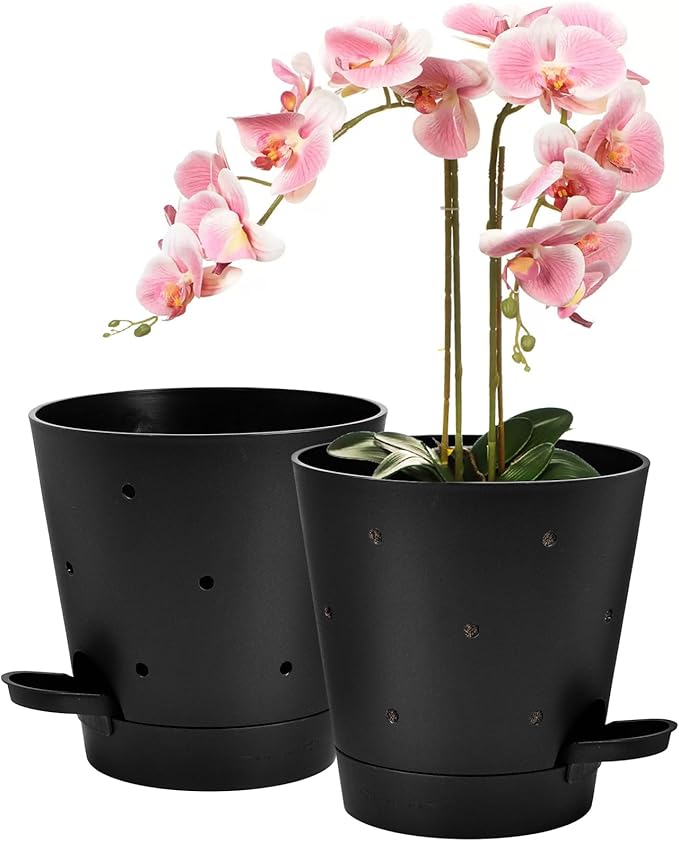 Vanslogreen Orchid Pots with Holes, 6 Inch Self Watering Orchid Pot 2 Pack Plastic Plant Pots for Orchid, Flower (Black)
