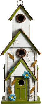 Glitzhome Hanging Birdhouse for Outside, Oversized Solid Wood 3-Story Villa Bird House, 20" H Distressed Pet Cottage Decorative Birdhouse for Outdoor Patio Garden