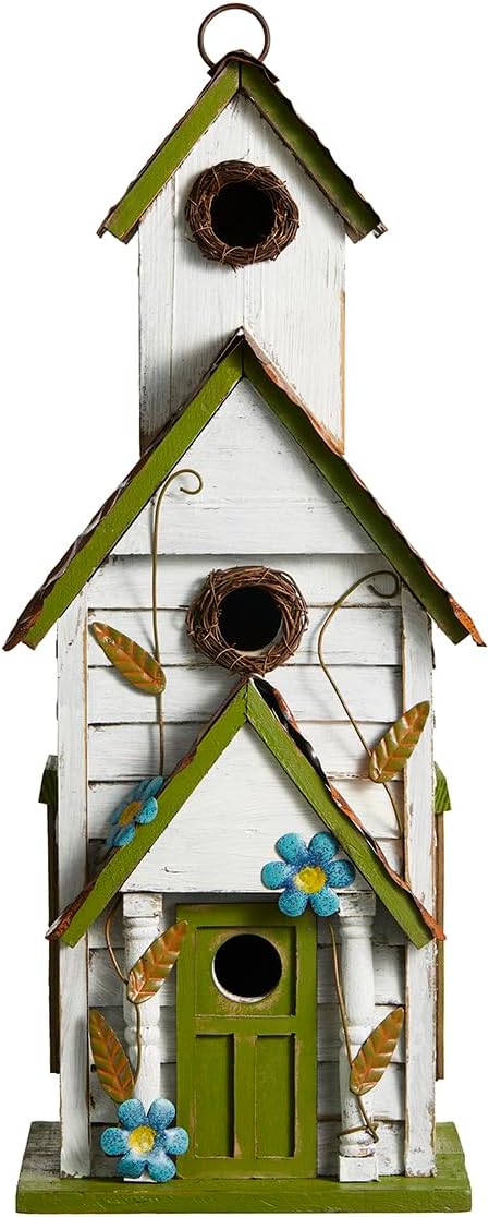 Glitzhome Hanging Birdhouse for Outside, Oversized Solid Wood 3-Story Villa Bird House, 20" H Distressed Pet Cottage Decorative Birdhouse for Outdoor Patio Garden
