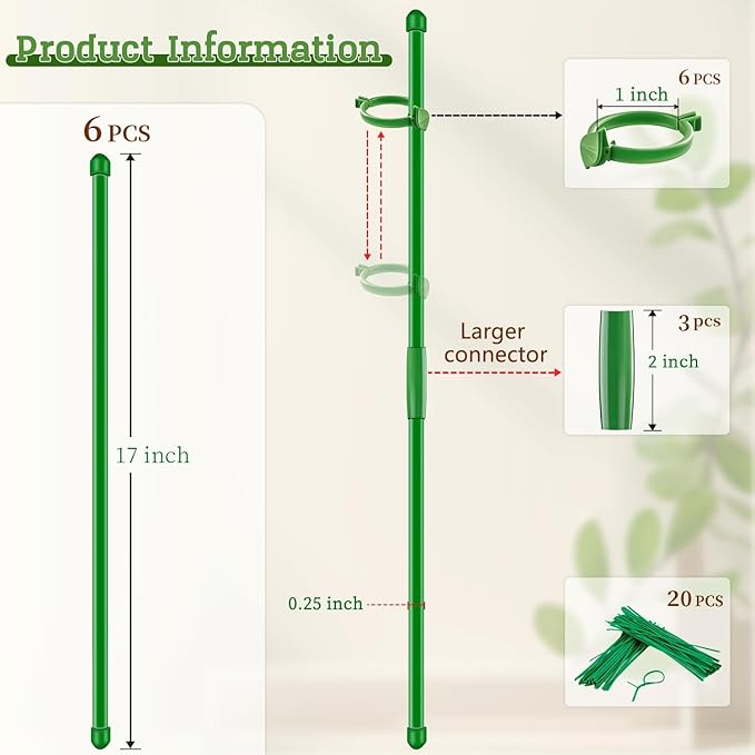 6Pcs Plant Support Stakes 17 inch SupKing Garden Orchid Sticks Extended to 3ft 4ft 5ft Plant Poles with Clips for Indoor Outdoor Potted Tomato Rose Amaryllis Vegetables Comes with 20 Ties（Green）