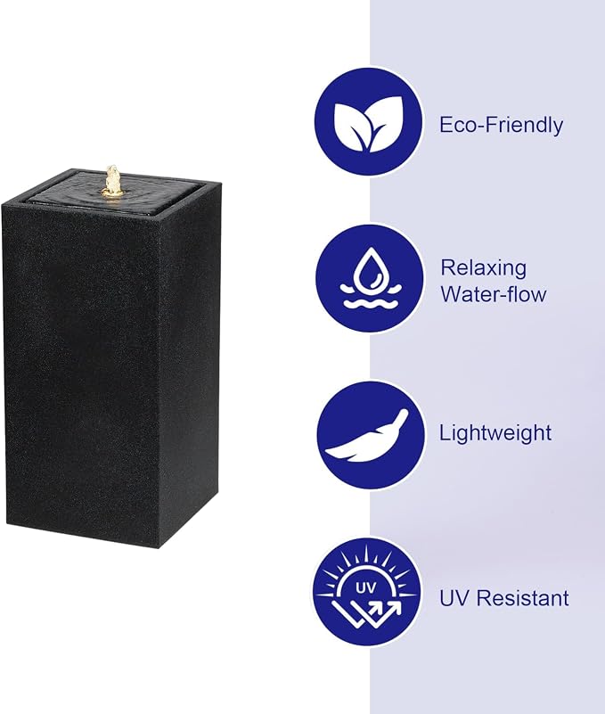 25.98” H Outdoor Water Fountain Made with Eco-Friendly Recyclable Materials, Polyethylene Square Bubbler Outdoor Fountain, Garden Decor with LED Light for Patio, Porch, Backyard (25.98”)
