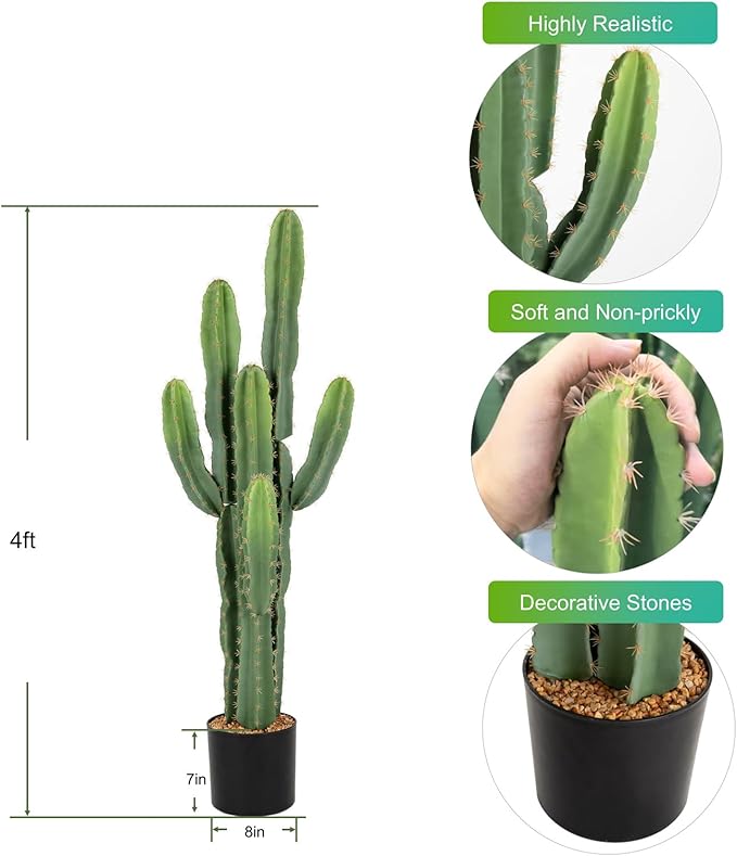 Nafresh UV-Resistant Artificial Fake Cactus Plants 4ft – Large Faux Cowboy Cactus for Indoor & Outdoor Home, Office, or Garden Decor
