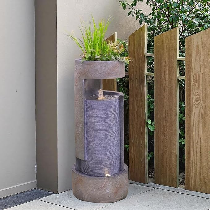 35.9" Tall Modern Indoor/Outdoor Water Fountain with LED Lights and Pump, Freestanding Cascading Waterfall Feature for Garden, Patio, Porch, Yard & Deck Décor – Gray