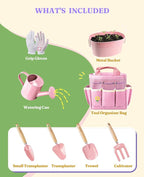 8Pcs Kids Gardening Set with Metal Basket & Real Metal Tools, STEM Outdoor Exploration Kit, Ergonomic Wooden Handles, 3 Shovels, Rake, Watering Can, Gloves, Tote Bag, Toy Gift for Toddler Boys Girls