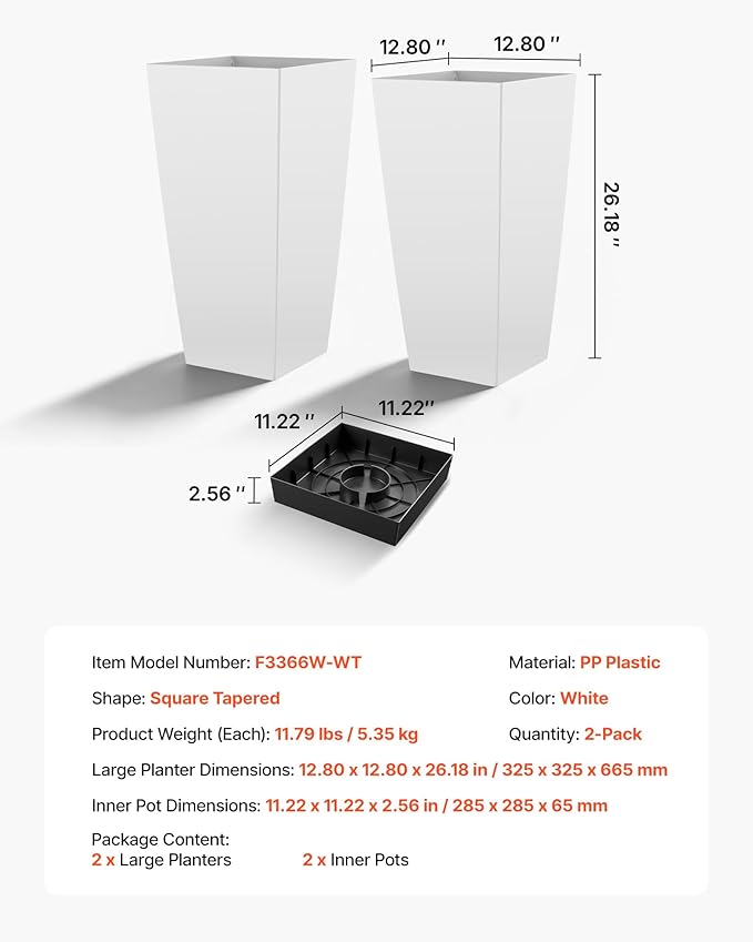 VEVOR 26 Inch Tall Planter Set of 2, Outdoor Large Tall Planters for Outdoor Indoor Plants, White Tapered Planter for Front Porch, Patio, Garden, Plant Container Flower Pots with Built-in Drainage