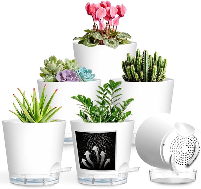 Self Watering Pots for Plants, 2026 New Flower Plant Pots with Drainage Holes, Wicking and Clear Reservoirs for Succulent, Aloe, Cacti and Others - 6 Pack (White, 6")