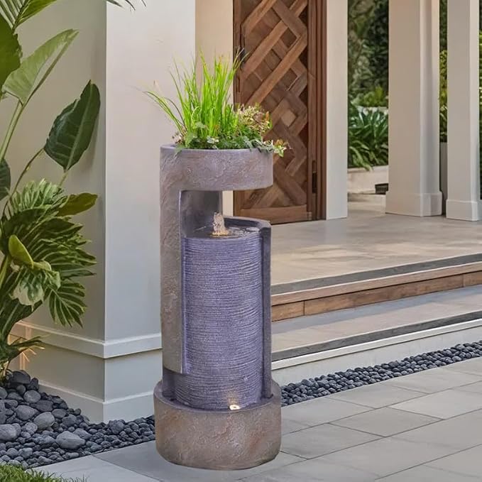 35.9" Tall Modern Indoor/Outdoor Water Fountain with LED Lights and Pump, Freestanding Cascading Waterfall Feature for Garden, Patio, Porch, Yard & Deck Décor – Gray