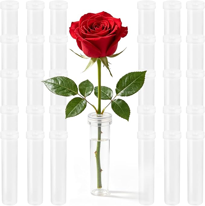 STEFORD 30 Pack Flower Water Tubes with Caps, 2.8 Inch Leak-Proof Plastic Clear Reusable Floral Water Tube for Fresh Flowers Single Stem Rose Arrangement Bouquet Accessories