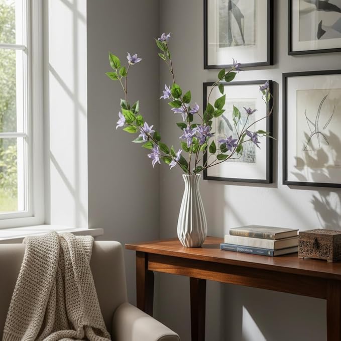 4pcs Blue Purple Artificial Clematis Flower Branches Greenery Stems, 29.5" Long Stem Realistic Silk Faux Flower Plants for Vase, Home Wedding Office Table Centerpiece Decor