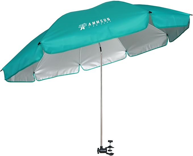 AMMSUN XL Chair Umbrella with Universal Clamp Adjustable 47 inches and 360-degree Swivel UPF 50+, Portable Clamp on Camping or Beach Chair, Stroller, Wheelchair, Golf cart, Turquoise, Large-sized