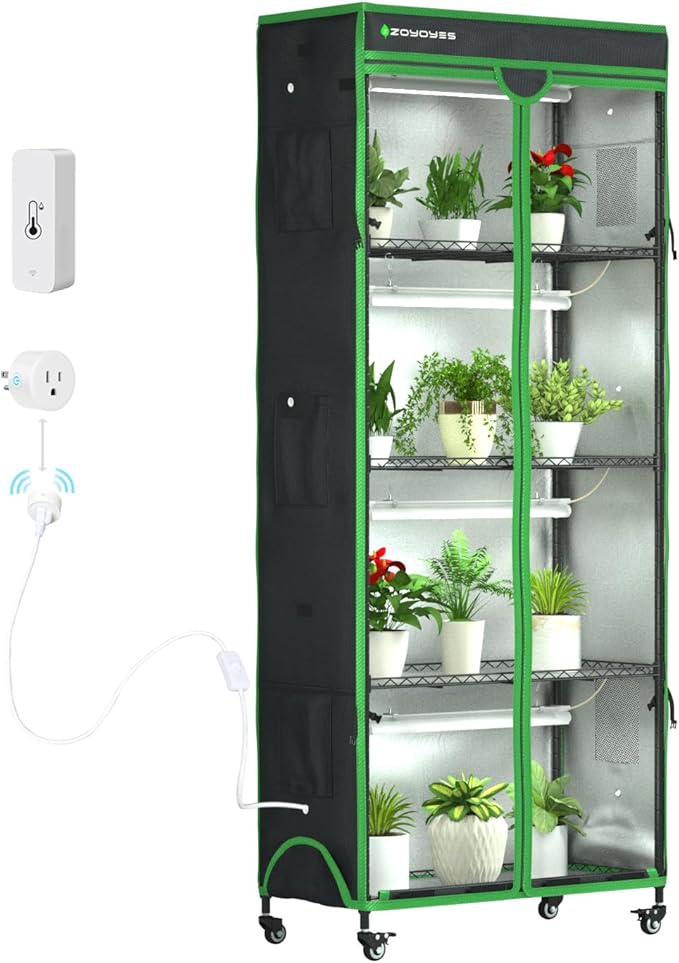 Indoor Greenhouse with Grow Light, 35.8" W x 17.8" D x 71.8" H, 5-Tier Plant Shelf with 3-Color T8 Growth Lights, Plant Stand with Smart Timing Plug and thermohygrometer
