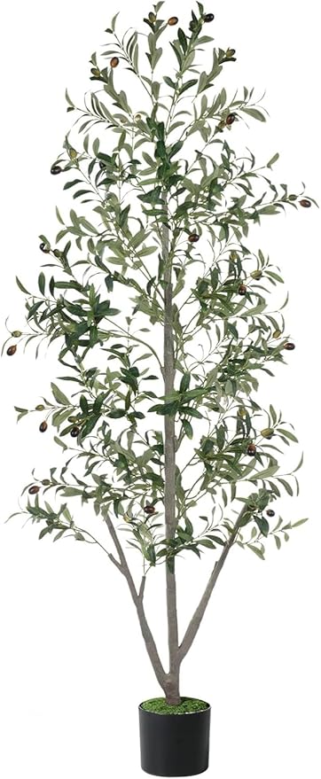 Olive Trees Artificial Indoor, 7FT Tall Faux Olive Tree with Light Kit Moss and Planter, Faux Plants Indoor with Natural Wood Trunk and Lifelike Fruits, Fake Tree for Home Office Living Room Decor