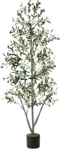 Olive Trees Artificial Indoor, 7FT Tall Faux Olive Tree with Light Kit Moss and Planter, Faux Plants Indoor with Natural Wood Trunk and Lifelike Fruits, Fake Tree for Home Office Living Room Decor