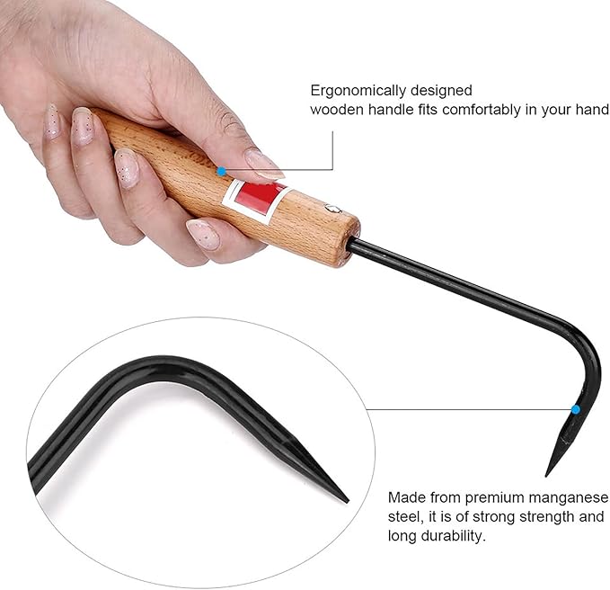 Bonsai Root Hook, Gardening Manganese Steel Root Rake with Ergonomic Wooden Handle, Bonsai Tools for Potted Plants Gardening Work Weeding Tool