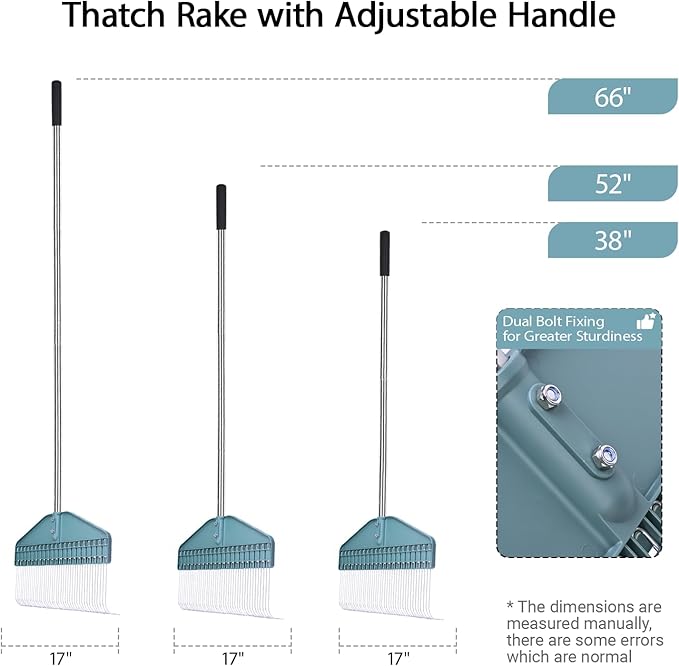 YEELOR Thatch Rake with 66 Inch Adjustable Handle, 17 Inch Wide Durable Dethatcher Rake, Ideal for Garden, Yard and Lawn, Used for Removing Thatch, Pine Needles, Burrs and Acorns