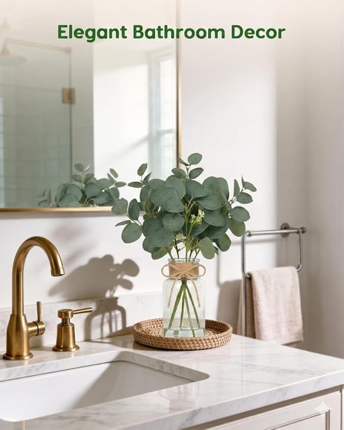 Velener Faux Eucalyptus Stems in Vase with Faux Water, Fake Plants Indoor Artificial Eucalyptus Plant for Home Decor, Kitchen Bathroom Farmhouse Living Room Coffee Table Centerpieces for Tables Green