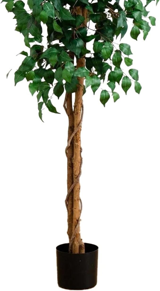 Nearly Natural 8ft Triple Trunk Artificial Ficus Tree with Natural Wood Trunks, Fake Tree for Indoor Home Décor, Faux Ficus Tree with Black Nursery Pot