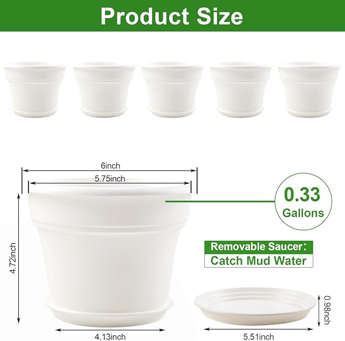 Pottiffe 6 Inch Plastic-Flower Pot-for-Indoor Plants, 6 Pack Outdoor Plant Pots with Drainage Holes & Saucers, Resin Garden Pots Planters
