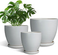Ceramic Plant Pots - 10+8+6 Inch Modern Round Planters for Indoor Outdoor, Flower Pots with Drainage Holes and Plant Saucers, House Office Decor, Gardening Gifts, Set of 3, Grey