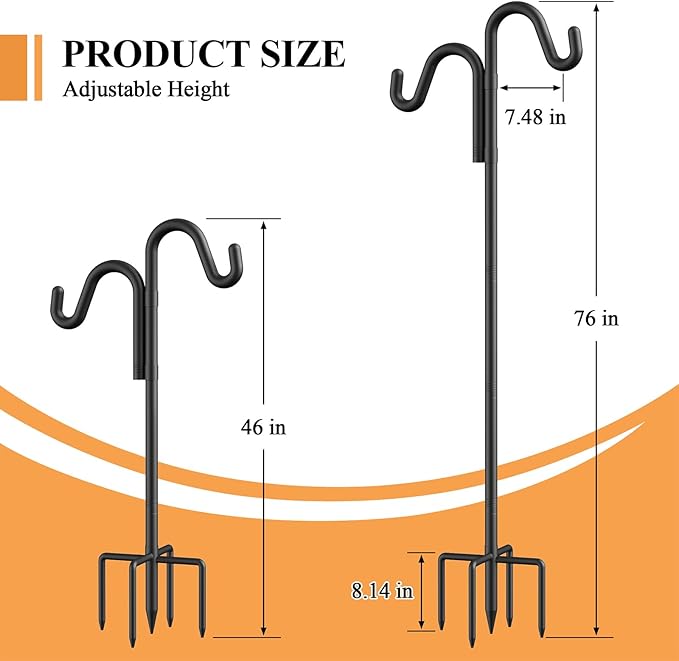 76" Double Hooks Heavy Duty Adjustable Bird Feeder Pole with Sturdy 5-Prong Base, Height Adjustable Shepherds Hook for Hanging Feeders, Plants, Solar Lanterns & Wind Chimes (2026 Upgrade)