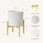 LA Jolie Muse Large Ceramic Planter with Stand Included,10 Inch Unique Modern White Plants Pot,Mid Century Indoor Planter with Wood Planter Holder with Drainage