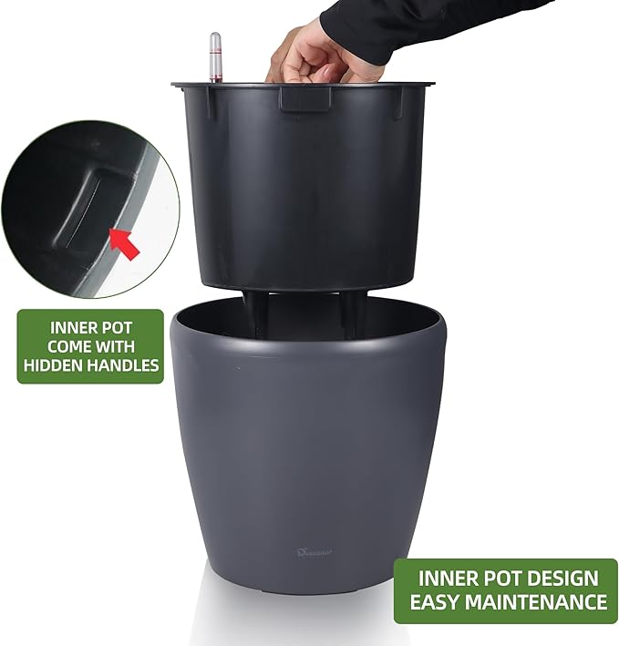 Dexceder 11x10 Self Watering Planter (Slate Gray Matte) | Inner Pot Design, Thickened Table Flower Plant Pot with Water Level Indicator Indoor Outdoor