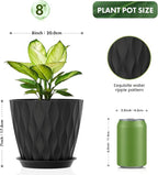 UOUZ 8 Inch Plant Pots, 4 Pack Plastic Planters for Indoor Outdoor with Drainage Holes & Saucers, Waffle Texture Flower Pots for Indoor Plants, Indoor Plant Pots for Monstera, Fiddle Leaf Fig, Black