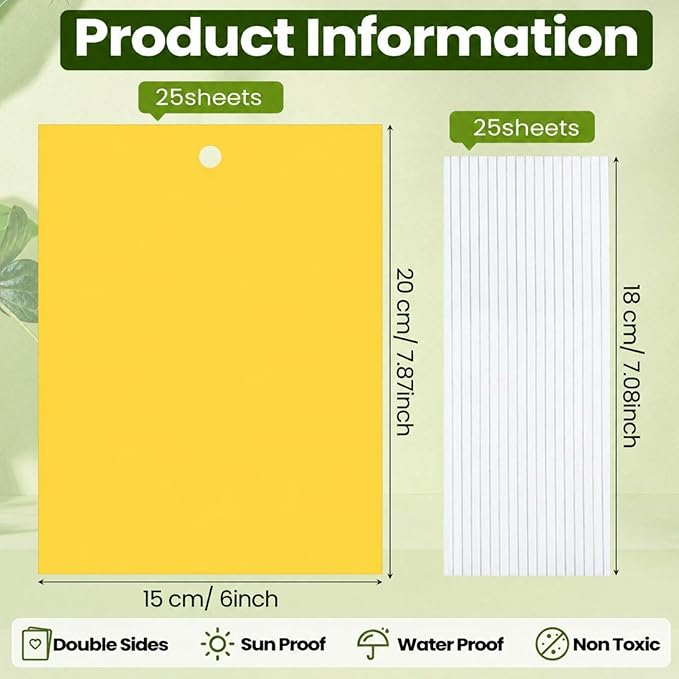 Qualirey 25 Pcs 6x8 Inch Yellow Sticky Traps for Gnats, Dual-Sided Sticky Gnat Traps for Indoor Outdoor Plants, Pest Control for Fungus Gnats, Fruit Flies, Whiteflies with Twist Ties