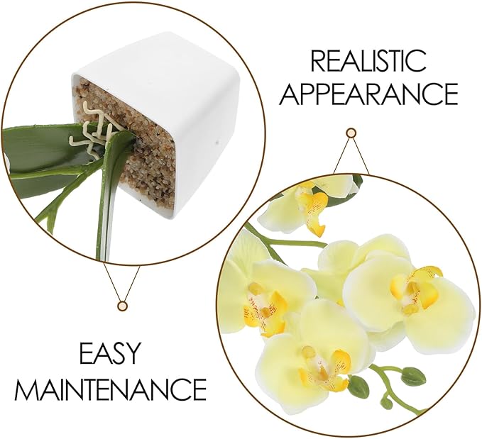 Artificial Orchid Plant Faux Phalaenopsis Flower with Yellow Plastic Pot Silk Artificial Orchids Table Centerpiece for Home Living Room Office Decoration