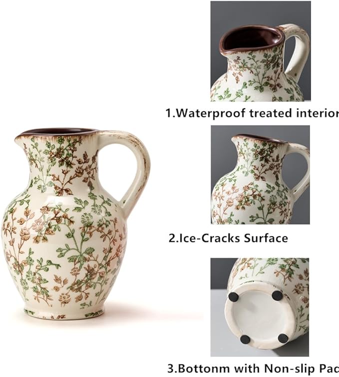 SIDUCAL Ceramic Vase with Handle, Vintage Vase, Chinoiserie Floral Vase for Home Decor, Table, Living Room, Shelf, Christmas Decoration (Green and Beige)