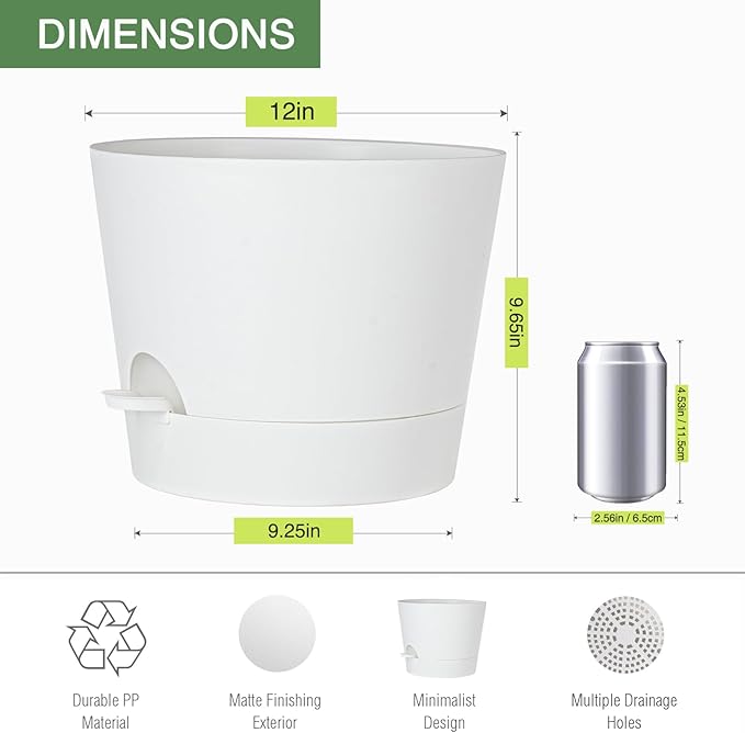SwinDuck 12inch Large Self Watering Plant Pot, Plastic Cylinder Planter with 60Oz Deep Reservoir and Saucer for Indoor Outdoor Plants Flowers Houseplants, White