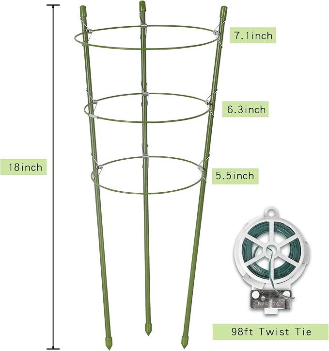 6 Pack Plant Support Cages 18 Inches Small Tomato Cages and Supports with Adjustable Rings for Garden Pots, Climbing Plants, Bonus 98 Feet Twist Ties