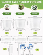 10/8/6 Inch Clear Plant Pots with Drainage Hole 12 Pack, Transparent Sturdy Plastic Nursery Pots with Saucers, Plant Label, Gardening Gloves, Plant Starter Pots for Planting Seed Herb Vegetable Flower